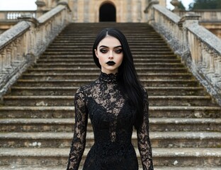 Naklejka premium Gothic fashion model posing on a grand staircase