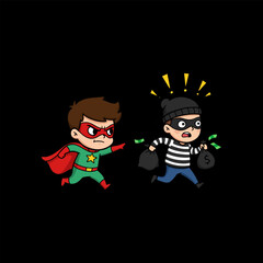 Superhero Catches Thief Cartoon Illustration