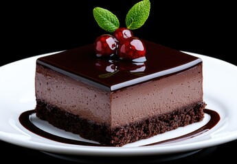 Delicious chocolate mousse cake with cherries and mint
