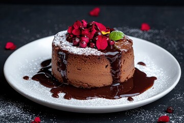 Delicious chocolate lava cake with red flowers and chocolate sauce