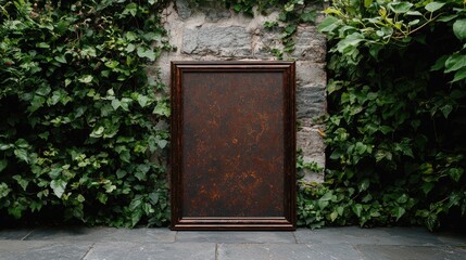Blank dark brown frame against a stone wall covered in green ivy