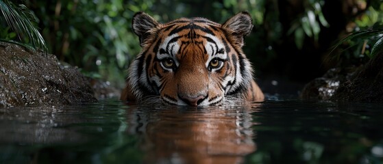 Tiger in water, close-up, jungle