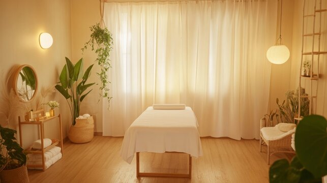 Empty massage room with soft lighting and minimalist decor. Tranquility and relaxation in a serene environment, inviting moments of peace and self-care.