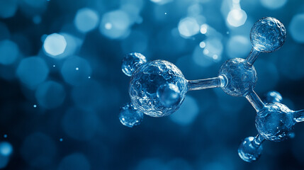 Transparent hydrogen molecules interconnected on a blue background symbolize unity, energy, and scientific progress, with modern blurred space on the side for captions, evoking clarity and innovation.