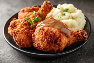 Crispy fried chicken with mashed potatoes and gravy