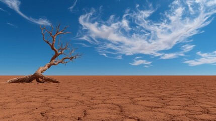 Lonely dead tree in a desert landscape under a vibrant blue sky