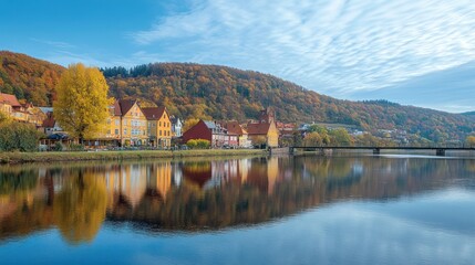 Fototapeta premium Scenic autumn river town reflection.