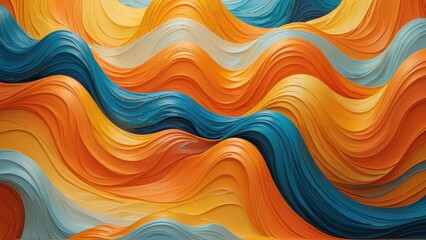 an abstract pattern with flowing, wavy lines in a mix of orange, yellow, and blue colors..
