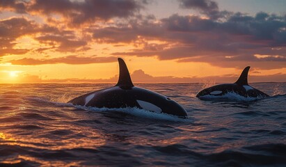 Naklejka premium Orcas Swimming in Ocean at Dusk with Winter Sunset in Norway Fjords