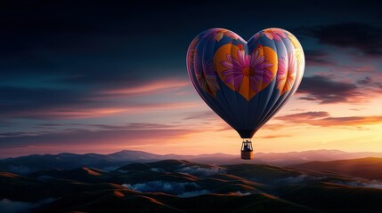 Obraz premium Heart Shaped Hot Air Balloon at Sunset Over Mountains”, 