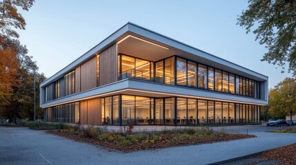 Modern illuminated office building at dusk.