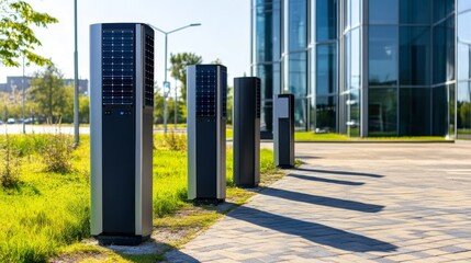 Modern smart charging stations lined up on a sunny day outside a contemporary office building