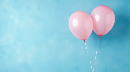 Soft pink balloons floating against sky blue wall create cheerful atmosphere