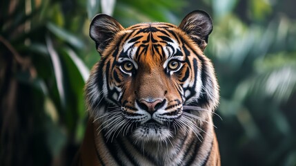 Obraz premium Close-up portrait of a tiger in the jungle, looking at the camera. International world wild life day celebration photography.