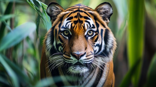 Close-up portrait of a tiger in the jungle, looking at the camera. International world wild life day celebration photography. - Powered by Adobe