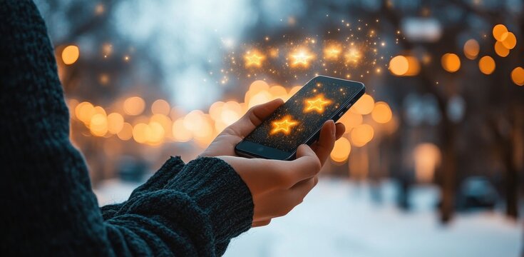 Close Up of Hand Holding Smartphone with Five Stars Rating for Customer Satisfaction Feedback Review Service Concept