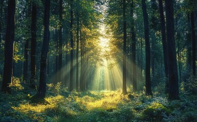 Fototapeta premium Magical Dawn in a Serene Forest with Sunlight Filtering Through Tall Trees