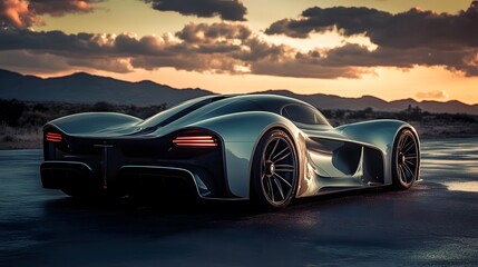 Naklejka premium Sleek Sports Car at Sunset Desert Landscape