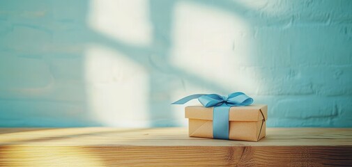 Obraz premium Gift box with blue ribbon for confirmation, communion, baptism, greeting card or invitation