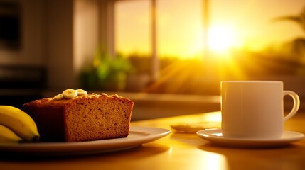 Warm morning light illuminating a cozy breakfast scene with banana bread and coffee on a table