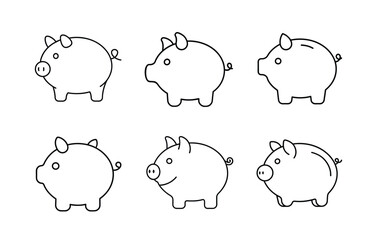 A set of six simple, black line art piggy bank icons, perfect for financial themes.