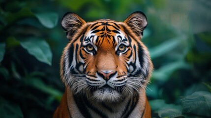 Obraz premium Close-up portrait of a tiger in the jungle, looking at the camera. International world wild life day celebration photography.