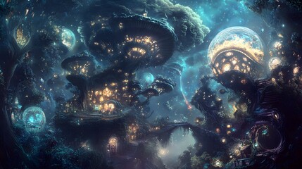 Enchanting Luminescent Treetop Village Night Scene