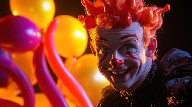 Smiling clown with bright balloons, a spooky yet playful image perfect for Halloween or circus themes. - Powered by Adobe