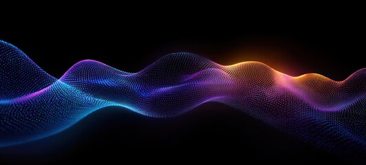 Dynamic Wave Pattern of Glowing Dots in Purple to Teal Gradient on Black Background