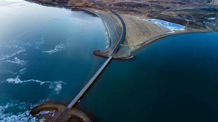 Aerial landscape view of Sword Bridge Road on Kolgrafarfjördur or kolgrafarfjordur viewpoint,...