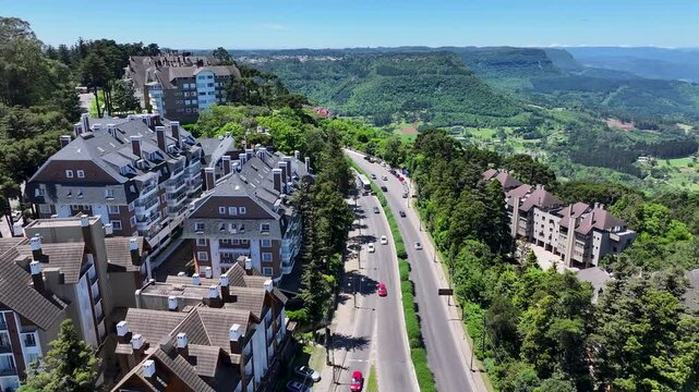 Gramado Skyline At Gramado In Rio Grande Do Sul Brazil. Stunning Cityscape. Residential Houses. Green Valley Mountains. Gramado Skyline At Gramado In Rio Grande Do Sul Brazil. Beautiful City Skyline.