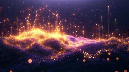 Obraz premium Cyberpunk Digital Landscape Glowing Light Particles Abstract Technology Illustration