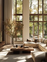 Fototapeta premium Sunlit Modern Living Room With Large Windows and Sectional Sofa