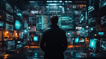 A hacker in a dark room surrounded by floating screens displaying code, intense and mysterious