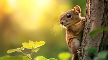 A curious squirrel perched on a tree trunk, surrounded by lush greenery and soft sunlight filtering through