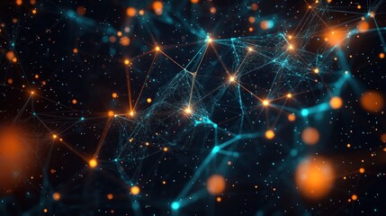Fototapeta premium Futuristic Cyberpunk Network of Interconnected Dots and Lines with Neon Highlights in Cosmic Depth