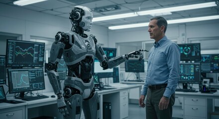 Technological Nexus: A cutting-edge robot and human engineer in a futuristic tech lab engage in what seems like an interaction between humans and AI. capturing the innovation in technology.