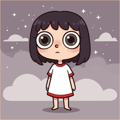 Cute Girl Cartoon Night time Illustration Large Eyes