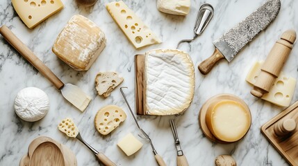 Fototapeta premium top view collection set A variety of cheeses arranged on a marble surface with cutting tools and utensils.