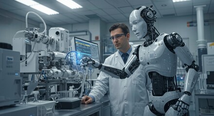 Future Collaboration: A scientist and a humanoid robot engage in collaborative research within a state-of-the-art laboratory, hinting at the potential for innovation and technological advancements.