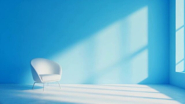 White chair sits in a room with a blue wall and a window. The room is empty and the chair is the only piece of furniture. The blue wall and the sunlight coming in through the window create a calm