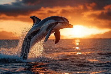 Obraz premium Majestic Dolphin Breaching Ocean Surface at Sunset Silhouette