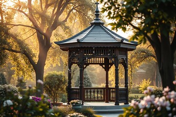 Fototapeta premium Beautiful sunrise illuminating a gazebo within a lush garden, surrounded by vibrant flowers and trees, exuding tranquility and serenity.