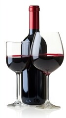 Elegant Red Wine Still Life: Two Glasses and Bottle.