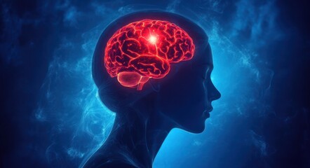 Fototapeta premium Surreal Human Silhouette with Glowing Brain Neural Connections Dreamy Ethereal Illustration