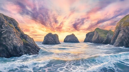 Dramatic Coastal Sunset with Rugged Cliffs and Ocean Waves