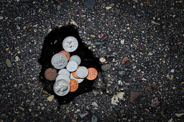 concept of economic depression. pothole in the road. abstract sunk costs metaphor. infrastructure construction spending highway repair budget city planning roads asphalt background. in a hole.