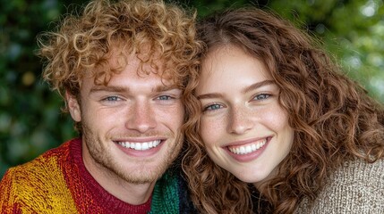 Fototapeta premium Happy young couple portrait, outdoor park, smiling, romance