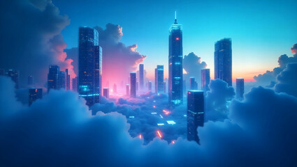 データの分散処理とクラウドインフラの構築をイメージしたテクノロジービジュアル. 生成AI