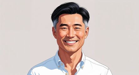 Portrait mature Asian man smiling short black hair white button up on plain white background illustration